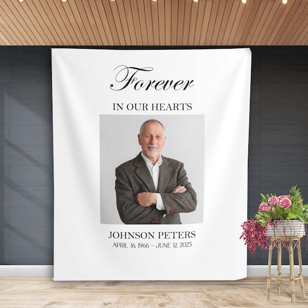 Forever In Our Hearts Minimal Funeral Backdrop Custom Memorial Photo Banner Memorial Service Decoration Celebration of Life In Loving Memory