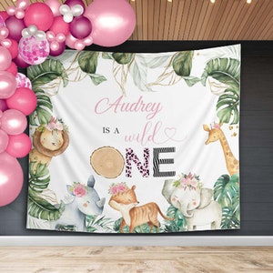 Girl Wild One First Birthday Decoration Jungle Birthday Party Backdrop Safari Animals 1st Birthday Banner High Chair Party Background