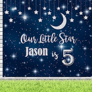 Happy Birthday Backdrop Banner, Twinkle Little Star | Blue and Silver Custom Photo Backdrop | Kids Party Banner | Birthday Decor