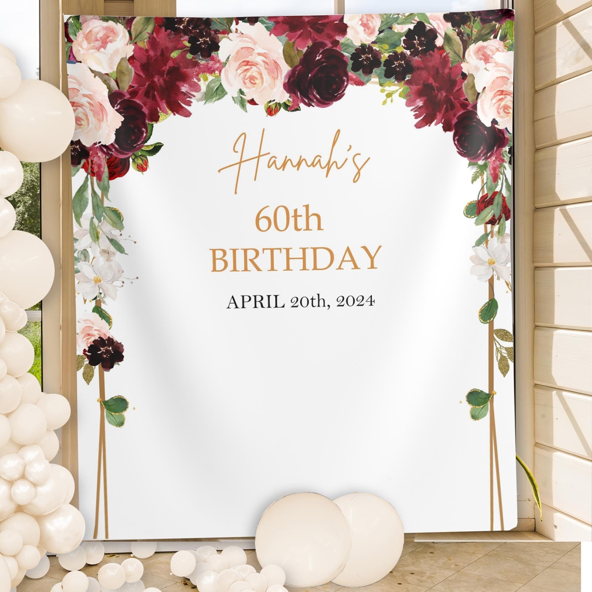 Toile de fond « Happy Birthday » rose avec boule florale et diamant  brillant pour photographie d'anniversaire pour fille et femme 16e 18e 30e  40e 50e