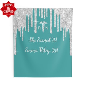 Teal RN Graduation Backdrop Nursing Medical School Silver Glitter ...