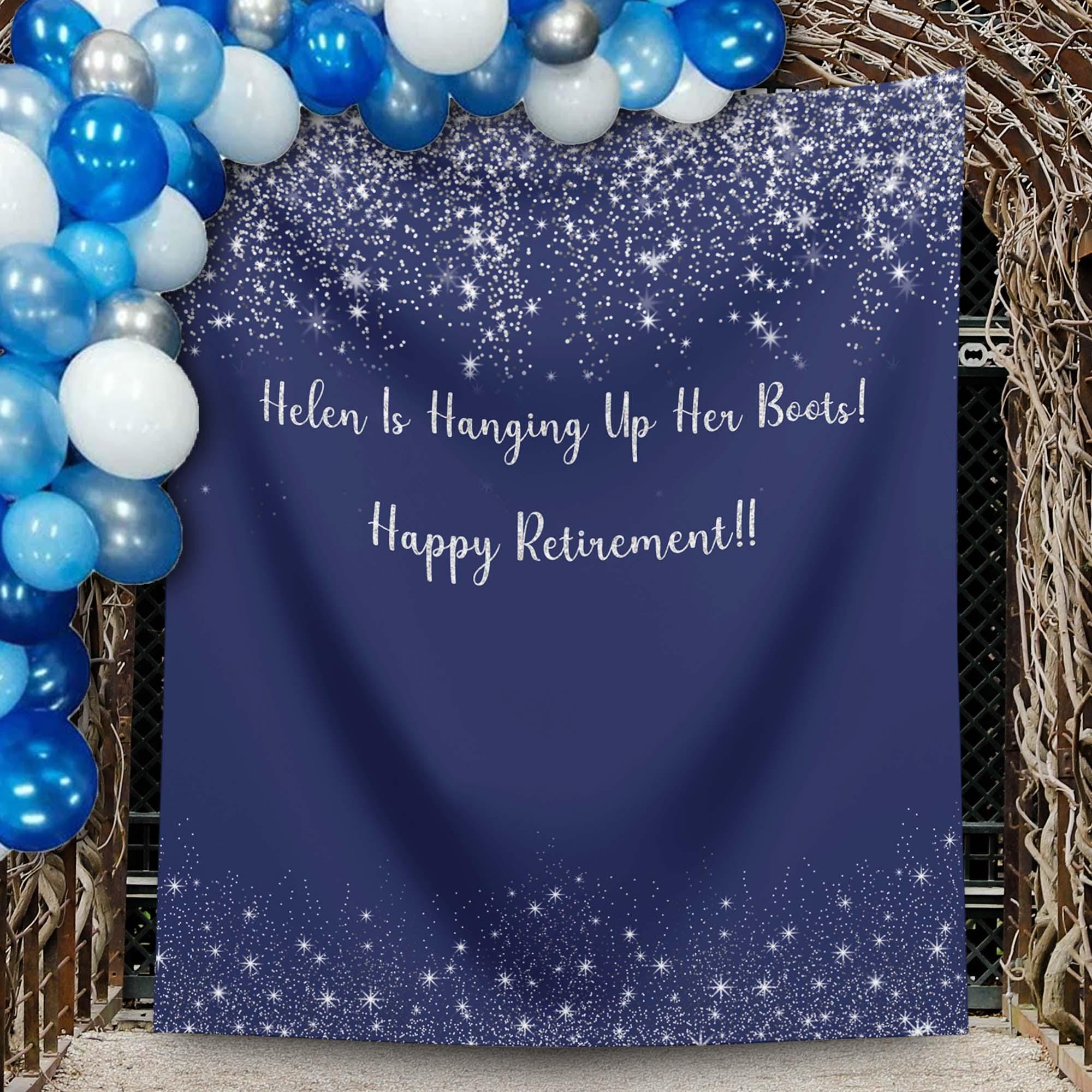 Decoración de jubilación, fondo con purpurina personalizada en azul y plata, para colgar las botas, pancarta de despedida, pancarta personalizada de feliz jubilación