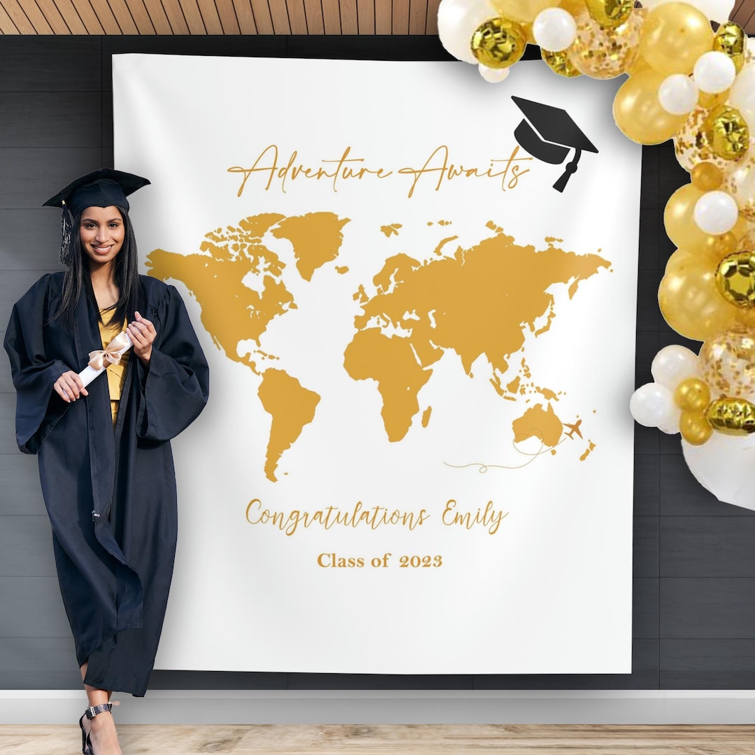 Adventure Awaits Graduation Backdrop, Personalized Travel Grad Cap ...