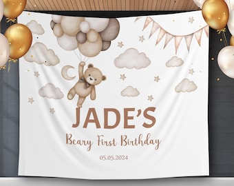 Beary Pierwsze Urodziny Tło 1 Urodziny Chłopiec Baner Miś Miś Bezpłciowy Dekoracja Imprezy Bearly Czekaj Baby Shower Chmura Gwiazdy Dekoracja