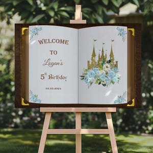 Placa de castelo de aniversário impressa, príncipe, princesa, placa de boas-vindas floral, placa de espuma personalizada, decoração de livro de histórias personalizada de aniversário de conto de fadas
