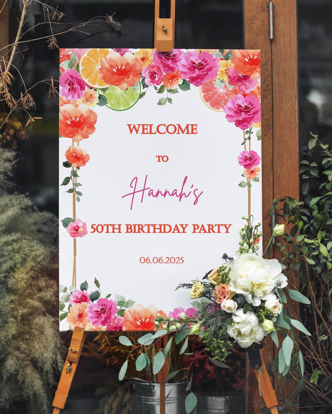 Printed Birthday Welcome Sign, Hot Pink Orange Party Decor, Citrus ...
