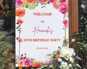 Gedrucktes Geburtstags-Willkommensschild, Pink-Orange-Party-Dekor, Eingang-Schaumbrett, 50 Jahre Geburtstag, Zitronen-Frauen-Geburtstags-Brunch