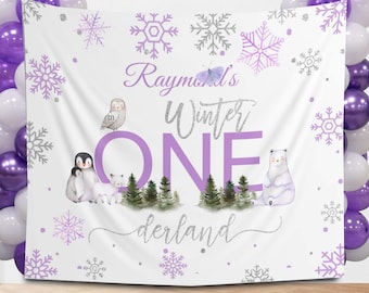 Zimowa dekoracja urodzinowa, Onederland, tło, baner urodzinowy, płatki śniegu, miś polarny, miś Teddy, lis, Wonderland, leśny baner na krzesełko do karmienia, BSTP