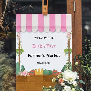 Panneau de bienvenue imprimé Farmers Market, affiche de fête d'anniversaire de fruits frais, anniversaire pour tous âges, carton mousse, panneau d'entrée floral fille rose poudré
