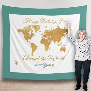 Wereldkaart verjaardag achtergrond aangepaste verjaardag banner avontuur verjaardag partij decor rond de wereld partij banner 80e 70e verjaardag decor