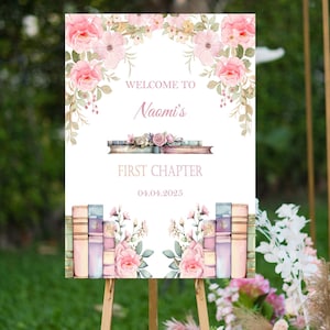 Panneau de bienvenue pour l'anniversaire du premier chapitre, affiche de fête du 1er anniversaire, panneau de livres d'un an, panneau de mousse floral fille rose poudré, panneau d'entrée