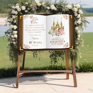 Panneau de bienvenue d'anniversaire de princesse imprimé il était une fois, carton mousse, affiche de château personnalisée, décor de livre de contes floral personnalisé