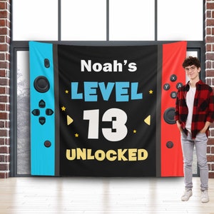 Video Game Birthday Backdrop Any Age Personalized Banner Boys Kids Teenage Party Photobooth Gamer Party Gaming Birthday Level 13 Decor