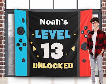 Video Game Birthday Backdrop Any Age Personalized Banner Boys Kids Teenage Party Photobooth Gamer Party Gaming Birthday Level 13 Decor