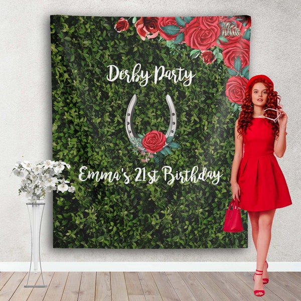 Derby Birthday Backdrop, Custom Fabric Grass Wall Kentucky Party Decor, Red Roses Horse Shoe Photo Booth Banner, 21st Birthday Tapestry