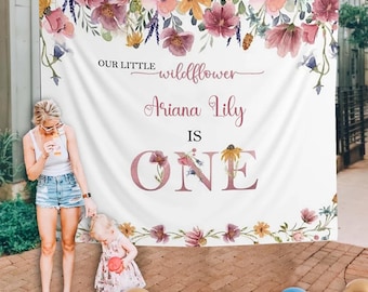 Girls First Birthday Backdrop Wildflower 1st Birthday Banner Little Wild Flower One year Old Party Decoration Floral Party Custom backdrop