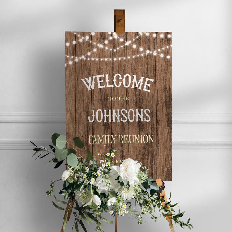 Printed Family Reunion Welcome Sign, Rustic Lights Foamboard Sign ...
