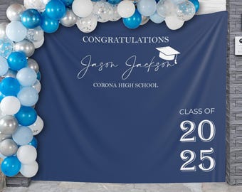 Navy Blue Graduation Backdrop Class of 2025 Decor Congrats Grad Party Banner College High School Sign Personalized Grad Diploma Photo Booth