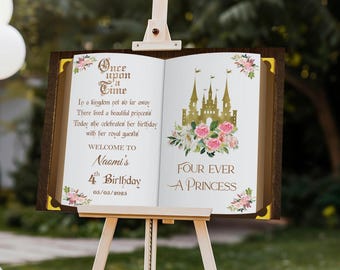 Gedrucktes 4. Prinzessin Geburtstags-Willkommensschild-Rosa-Blumen-Prinzessin-Schaumbrett Vierfach-Prinzessin Eingangsdekor Es war einmal zu einem Buchplakat