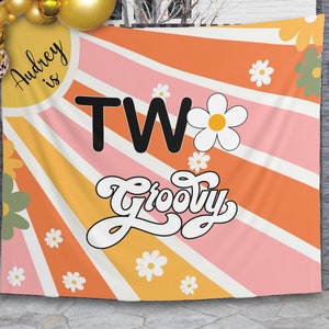 Two Groovy Birthday Backdrop, Groovy Party Decor, Retro Groovy Banner, 70s Birthday Background, Boho Daisy 2nd Birthday Groovy Photo Booth