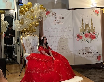 Fondo de fiesta de cuento de hadas, decoración de castillo de princesa con flores rojas, pancarta de libro de cuentos para primer cumpleaños, fotomatón para baby shower, accesorio para fiesta de despedida de soltera