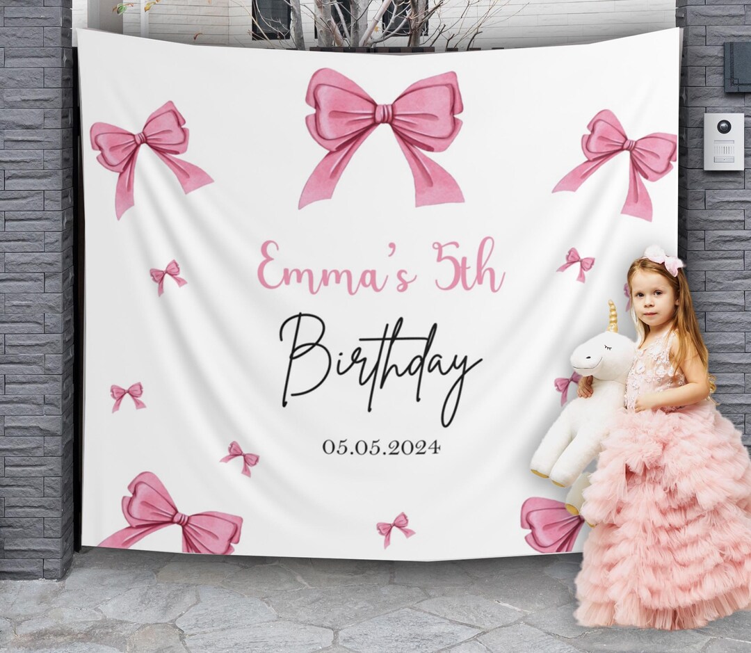 Pink Ribbon Backdrop Coquette Bow Girl Birthday Party Banner 1st 2nd ...