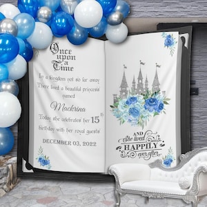 Blue Silver Princess Book Backdrop, Birthday, Bridal Shower, Baby Shower, Once Upon a Time Backdrop, Princess Birthday Party Decoration