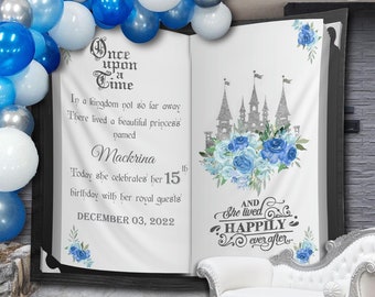 Blue Silver Princess Book Backdrop, Birthday, Bridal Shower, Baby Shower, Once Upon a Time Backdrop, Princess Birthday Party Decoration