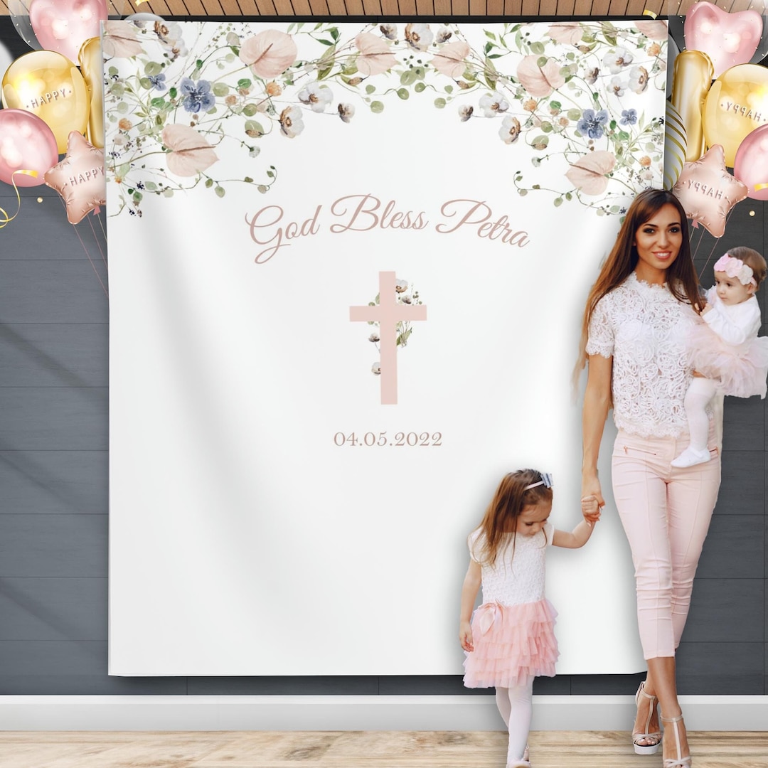 Girls Baptism Backdrop, Pink Wildflower Baptism Decoration, Christening