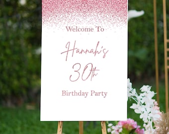 Rose Gold Birthday Sign Foam Board Glitter Confetti Welcome Sign Birthday Decor Printed Yard Sign Womens Girls Party Poster 30th Birthday
