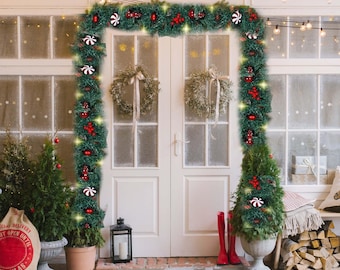 4 Pack 9 FT LED Christmas Garland Holiday Greenery Christmas Decor Xmas Home Garland with Pinecones Red Berries Bows Christmas Balls Candies