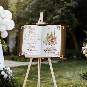 Placa impressa "Era uma vez" Princesa Aniversário Bem-vindo Foamboard Castelo Personalizado Cartaz Floral Personalizado Conto de Fadas Decoração de Livro de Histórias