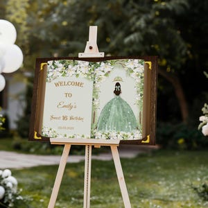Letrero de fiesta de princesa impreso, letrero de bienvenida floral para quinceañera, decoración para dulces 16, cumpleaños de 15 años, cartón pluma, póster de cuento de hadas de Érase una vez