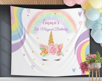 Unicorn Rainbow Birthday Backdrop Girl Birthday Party Decoration Pink Purple Gold Floral Unicorn Banner Pastel Colors Custom Photo Backdrop