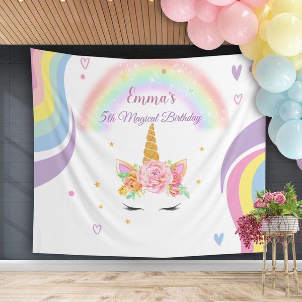 Unicorn Rainbow Birthday Backdrop Girl Birthday Party Decoration Pink Purple Gold Floral Unicorn Banner Pastel Colors Custom Photo Backdrop