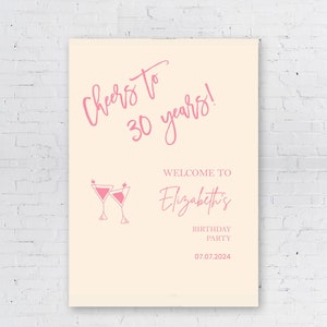 Pink Cocktail Willkommensschild 30. Geburtstag Poster Jedes Altersschild Prost auf 30 Jahre Champagnerglas Schaumbrett Personalisiertes Party Willkommensschild Bild 2