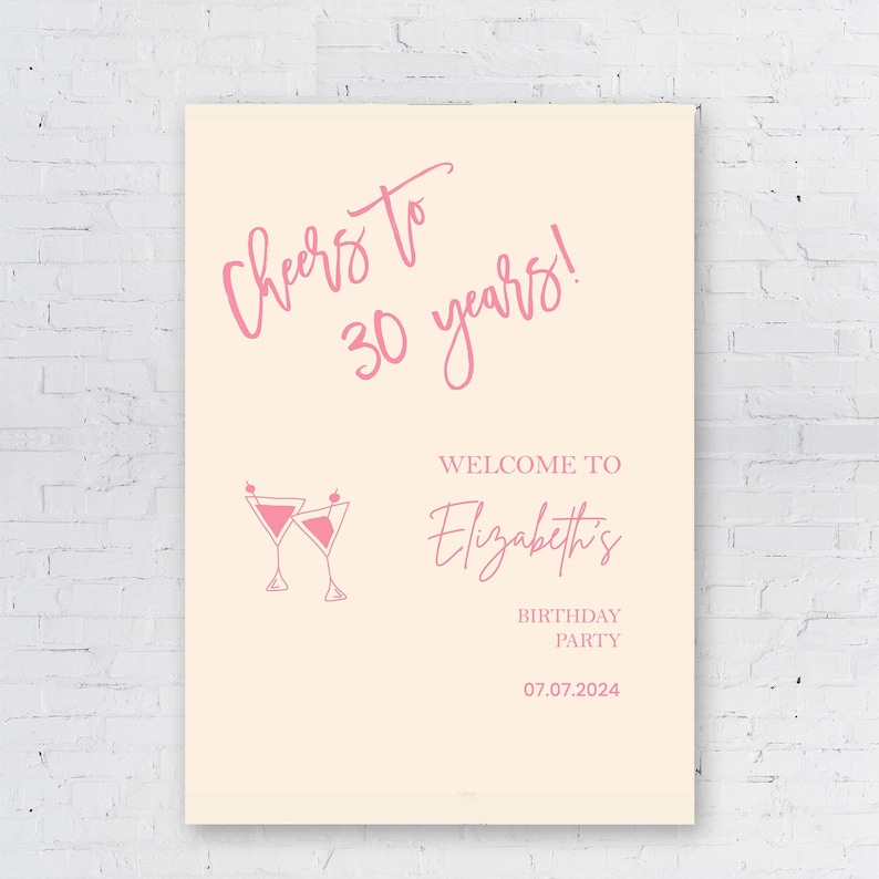 Pink Cocktail Willkommensschild 30. Geburtstag Poster Jedes Altersschild Prost auf 30 Jahre Champagnerglas Schaumbrett Personalisiertes Party Willkommensschild Bild 2