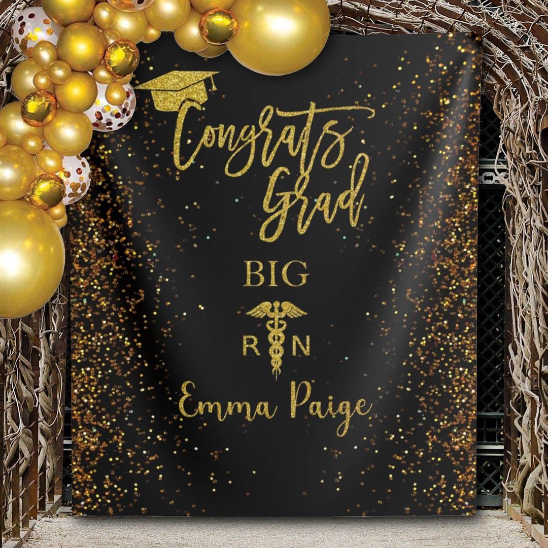RN Graduation Backdrop Congrats Grad Black Gold Glitter Decor Big RN ...
