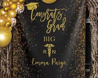 RN Graduation Backdrop Congrats Grad Black Gold Glitter Decor Big RN Doctor Nurse Grad Banner Physical Therapy Graduate Class of 2025 2024