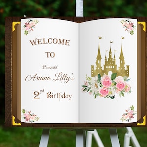 Sinal de boas-vindas de aniversário de princesa impresso, placa de espuma personalizada, sinal de aniversário de conto de fadas, decoração personalizada de livro de histórias, castelo floral