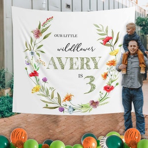 Little Wildflower Birthday Backdrop, Wildflowers bright colorful floral Banner, spring summer Party Decoration, Personalized Backdrop