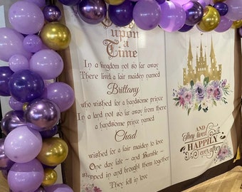 Fairytale Wedding Backdrop Purple Floral Princess Wedding Decoration Custom Engagement Story book Banner Once Upon A Time Castle Photobooth
