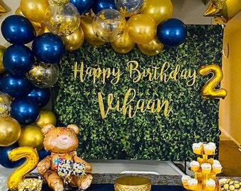 Aangepaste verjaardag achtergrond, kunstgras muur achtergrond met gouden letters, verjaardag groen Hedge muur achtergrond, buxus 01DS09