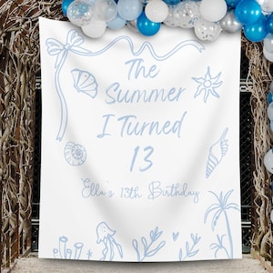 The Summer I Turned Geburtstag Decor Beach Party ANY AGE Custom Geburtstag Backdrop Muscheln Coquette Bow Mädchen Party Banner Mittelmeer