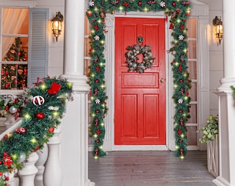 9FT LED Christmas Garland Holiday Greenery Festive Hanging Door Decor Xmas Home Garland Pinecones Red Berries Bows Christmas Balls Candies