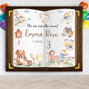 Nursery Rhyme Birthday Backdrop, Over the Moon Birthday Decoration, Storybook Birthday Backdrop, Mother Goose Party Banner, Farm Animals