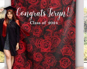 Sfondo Fotografico Prom 2025 7x5FT - Fiori Rosa E Scritta Congratulazioni Per Laurea - Decorazione Festa In Vinile - 2