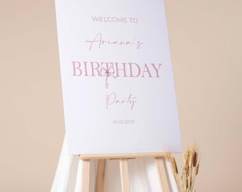 Printed Birthday Sign Blush Coquette Bow Welcome Poster Custom Pink Ribbon Foamboard Party Sign Welcome Personalized Simple Birthday Decor