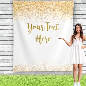 Gold white Party Backdrop, Birthday Backdrop, Personalized Backdrop, Gold Glitter Photo Booth Backdrop, Custom Party Tapestry 01DSG4