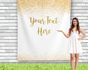 Gold white Party Backdrop, Birthday Backdrop, Personalized Backdrop, Gold Glitter Photo Booth Backdrop, Custom Party Tapestry 01DSG4